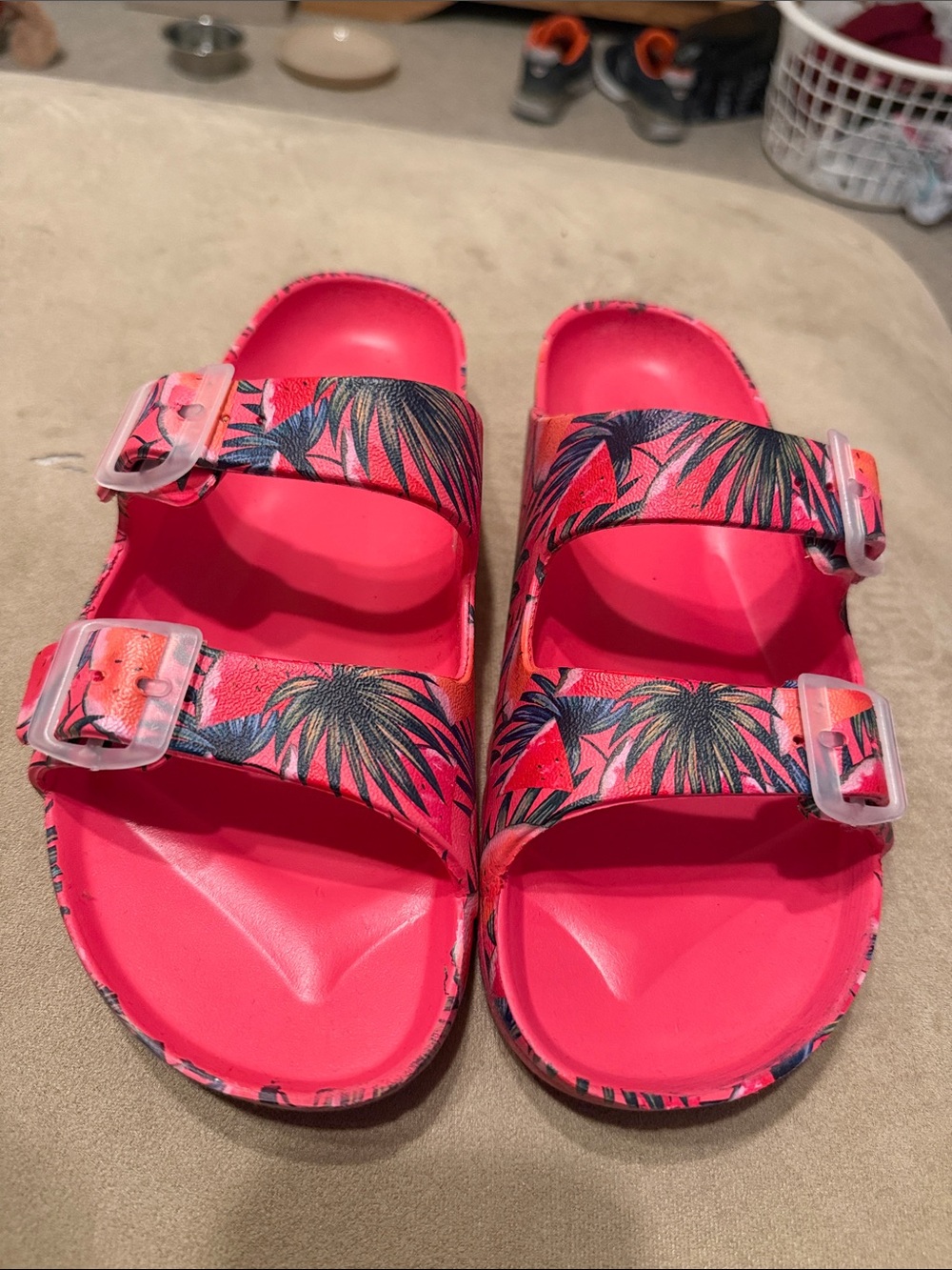 Tropical Print Double-Strap Slide Sandals - Hot Pink